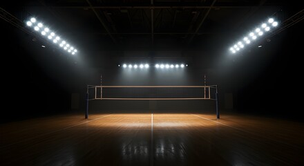 Empty indoor volleyball court with wooden floor and bright spotlights, capturing the intense atmosphere of professional sports.