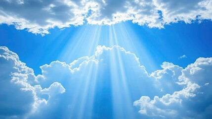 Vivid sky scene with fluffy clouds and radiant sun rays illuminated in blue and orange hues, showcasing natural serenity