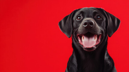 Fototapeta premium happy dog face looking to camera, showcasing its joyful expression against solid red background. This captures playful and friendly nature of dog