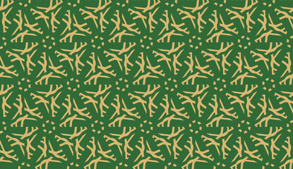 Decorative background with triangles. Curved lines. Vector illustration. Green, gold color. Bright background for poster, banner, flyer. Seamless