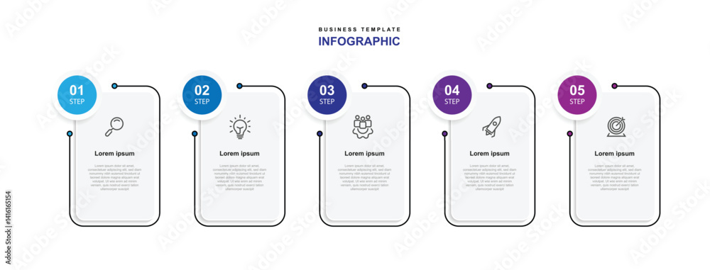 Aufkleber 5 step infographic template vector element with icons can be used for workflow, business information and web graphic design 