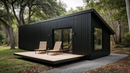a modern, minimalist cabin with a sleek, black exterior. The structure is rectangular with a sharply angled roof, constructed from vertical wooden panels painted in a matte black finish.
