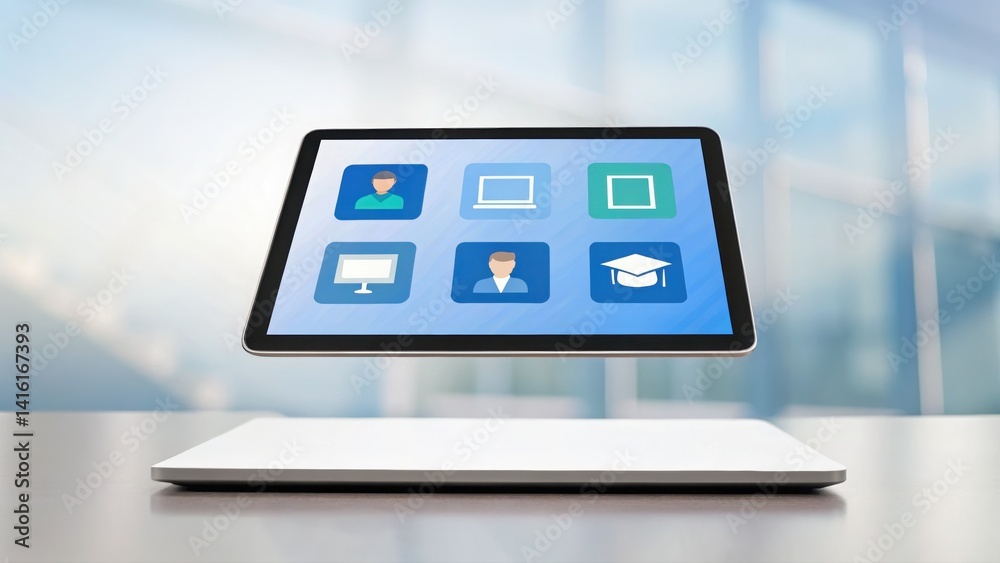Poster clean digital interface floating above a tablet displaying multiple screens with abstract icons