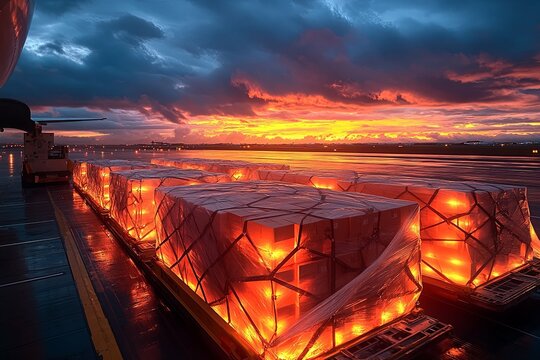 Cargo containers on the runway during a beautiful sunset scene