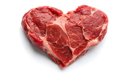 a raw heart-shaped piece of meat on white background