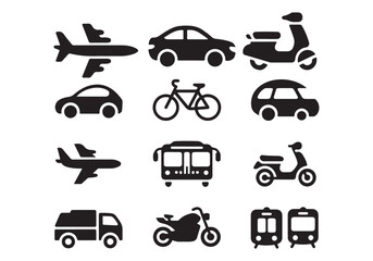 Vector icons of various transportation modes including cars,