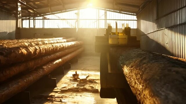 Sunlit Timber Warehouse: Rows of Logs Awaiting Processing, Industrial Interior.
