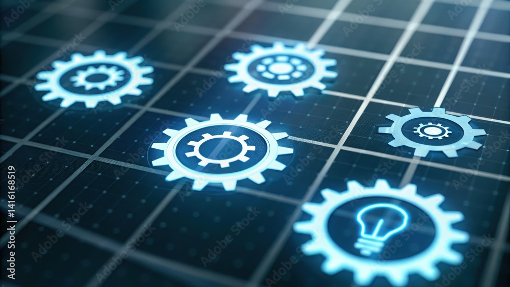 Poster computer screen displaying intricate gears representing innovative strategy and futuristic concepts