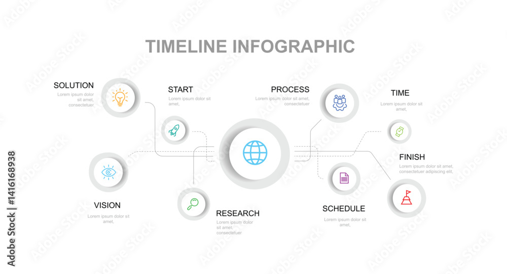 Aufkleber 8 step infographic template vector element. Vector diagram with line circle connected concept can be used for workflow, business information and web graphic design 