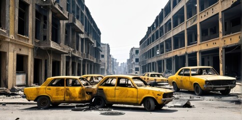 Fototapeta premium Damaged Yellow Cars in a Destroyed City Street