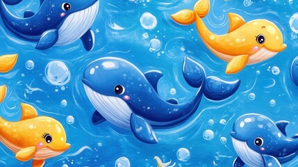 Obraz premium Cute Whales Underwater: A vibrant cartoon illustration of playful whales swimming through a lively underwater scene, filled with bubbles and a sense of childlike wonder.