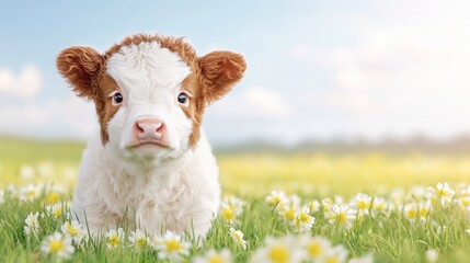 Fototapeta premium Adorable calf in wildflower meadow cute farm animal image for dairy and childrens products