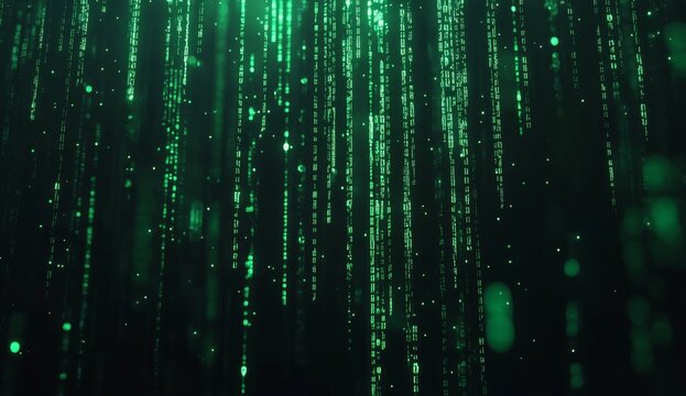 Abstract green digital rain falling background.