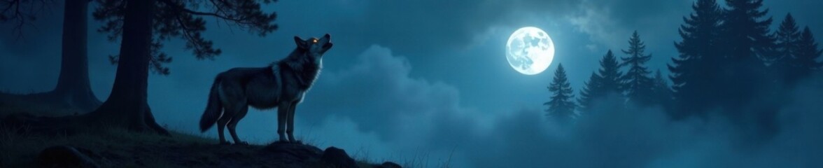 A wolf stands at the edge of a misty forest under a full moon, its eyes glowing in the dark as it lets out a haunting howl, eyes, glow, howl