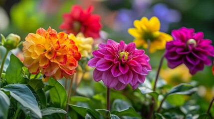 Vibrant Dahlia Flowers Blooming in Garden Colorful Petals Summer Nature Photography Bright Floral Background Beautiful Botanical Image Detailed Closeup Shot Vivid Colors Lush Greenery Red Pink Plant  