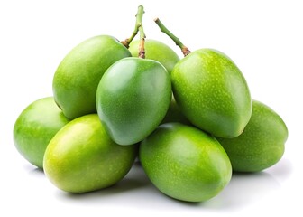 Obraz premium Green mangoes cluster of unripe fruit isolated on white background
