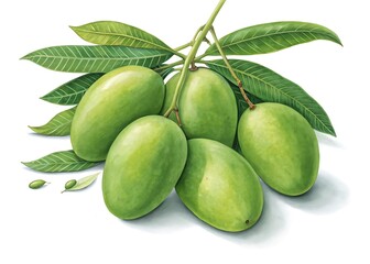 Obraz premium Green mangoes cluster of unripe fruit isolated on white background
