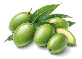 Green mangoes cluster of unripe fruit isolated on white background