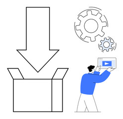 Open box with down arrow, moving gears, person holding digital screen. Ideal for automation, workflow, technology, downloading, video player, system operations simple landing page