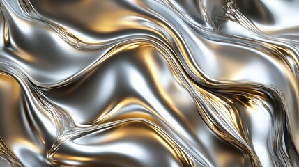 Luxurious Metallic Fluidity: An abstract rendering of molten silver and gold forms a mesmerizing, elegant, and dynamic texture, exhibiting smooth, flowing surfaces and a sense of liquid opulence.