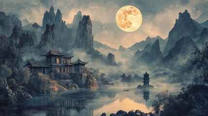 Ancient Sanctuary Under the Moonlight: A mystical painting showcases a serene ancient sanctuary under the soft glow of a full moon, nestled among towering mountains and a tranquil lake.