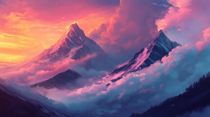 Majestic Mountain Peaks: A breathtaking vista of towering mountain peaks piercing through a sea of ethereal clouds, illuminated by a vibrant sunset sky, creating a serene and awe-inspiring scene.