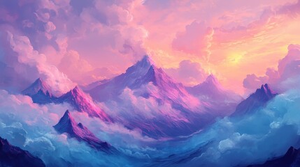 Serene Mountainscape at Dawn: A breathtaking vista unfolds, with majestic mountains piercing through a sea of fluffy, pastel-colored clouds as the sun rises.