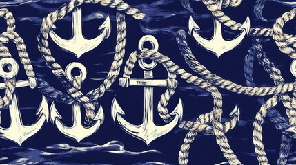 Nautical Charm:  An intricate illustration of anchors and ropes against a deep blue backdrop, exuding a sense of maritime elegance and adventure.