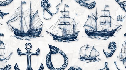 Nautical Watercolor Composition: A classic illustration of a serene maritime theme, featuring watercolor strokes that bring to life a fleet of ships, anchors, and ropes.