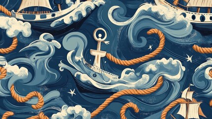 Waves and Anchor Seamless Illustration: Intricate illustration featuring waves, rope and anchor, evoking feelings of maritime adventure and coastal exploration.