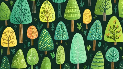 Whimsical Woodland Wonderland: A vibrant pattern of stylized trees in an array of shapes and colors, evoking a sense of playfulness and natural beauty. 