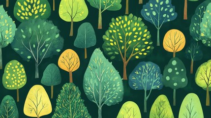 Vibrant Forest Canopy: An illustration of diverse, stylized trees, with varied forms and lush green foliage, creating a captivating visual narrative of nature's beauty.