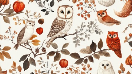 Autumn Owls Pattern: Charming watercolor owls nestled amongst autumn leaves, apples, and acorns. A delightful pattern ideal for fall-themed projects.