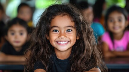 Fototapeta premium Happy smiling girl with friends childhood education and family theme stock photo
