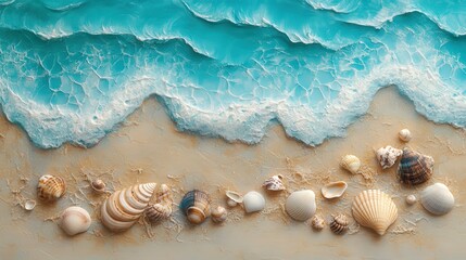 Seashells on Shore: A collection of unique seashells adorns a sandy beach. Crystal waves roll in, creating a serene seascape scene, capturing the essence of a perfect day.