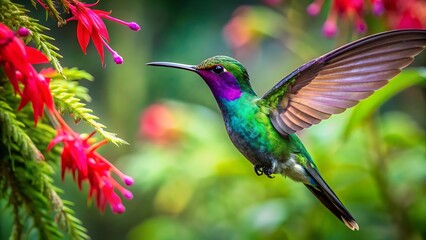 Fototapeta premium Vibrant Hummingbird Hovering by Red Blossoms in a Lush Garden