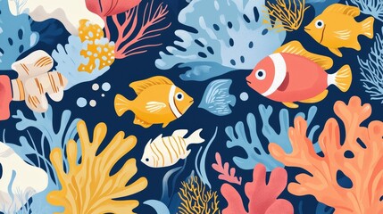 Fototapeta premium Underwater Paradise: A vibrant underwater scene showcasing a colorful array of coral and lively fish swimming harmoniously amidst the aquatic beauty.