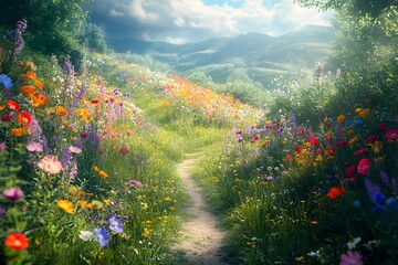 A winding path through a vibrant meadow filled with colorful wildflowers and distant mountains scenery view