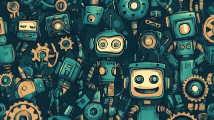 Robots and gears in pattern: Explore a captivating illustration, where a collection of adorable robots are assembled, showcasing a rich, detailed world of gears, cogs, and futuristic aesthetics.