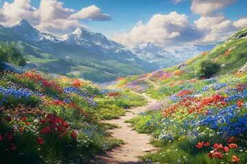 A winding path through a vibrant meadow with mountains and clouds in the distant background view