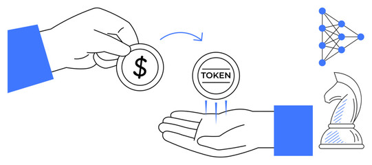 Person exchanging dollar coin for token, symbolizing blockchain technology, financial transactions, and strategic actions. Ideal for cryptocurrency, fintech, investment, business, trade
