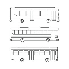 Black bus thin line icons collection set, simple modern urban transport flat design illustration drawing element for app ui ux web button, interface pictogram elements isolated on white background