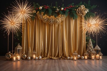 Luxurious Gold Drapes Festive Holiday Decoration with Sparkler Backdrop