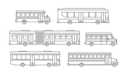Black bus thin line icons collection set, simple modern urban transport flat design illustration drawing element for app ui ux web button, interface pictogram elements isolated on white background © aiconslab