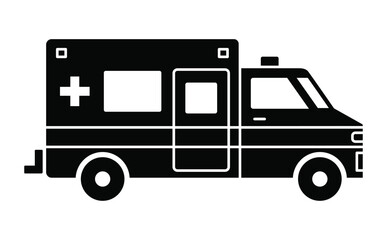 Black single ambulance car glyph icon, simple emergency medical service vehicle flat design infographic element for app ui ux web button, interface pictogram elements isolated on white background