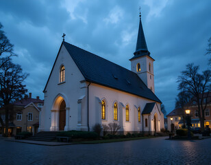 Church Building at Dusk with Illuminated Windows and Dramatic Sky