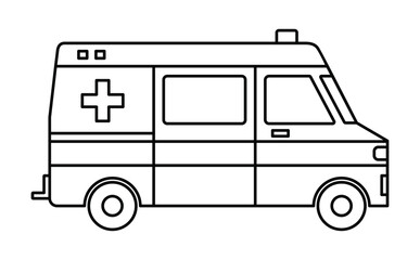 Black single ambulance car line icon, simple emergency medical service vehicle flat design illustration drawing for app ui ux web button interface pictogram elements isolated on white background