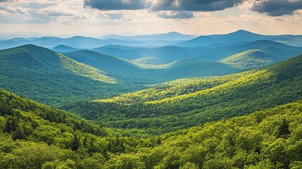 Obraz premium Majestic Green Mountain Landscape Panoramic View Scenic Nature Photography Breathtaking Summer Scenery Rolling Hills Lush Foliage Tranquil Outdoors Peaceful Environment Beautiful Vista Amazing Natural