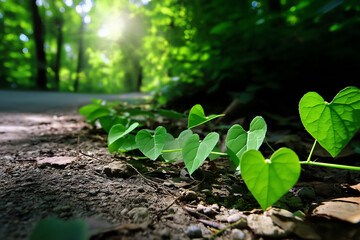Heart-shaped green leaves on forest floor with sunlight, natural spring love symbol, close-up ground level nature photography for seasonal or eco themes