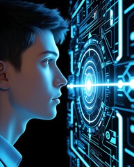 Concept art of a tech-savvy individual analyzing a digital HUD display with glowing circuits, holograms, and virtual intelligence systems


